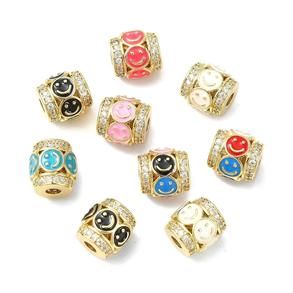 6696 10 Pcs Enamel Column with Smile Happy Faces Bead Micro Pave Clear